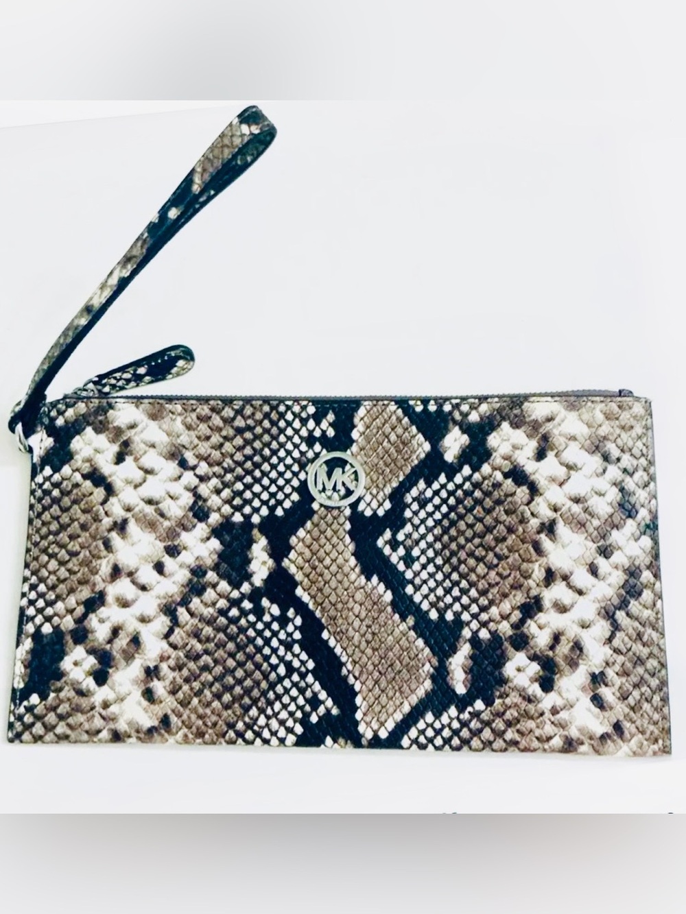 MICHAEL KORS, Snakeskin Print Embossed Leather Large Zip Clutch Wristlet